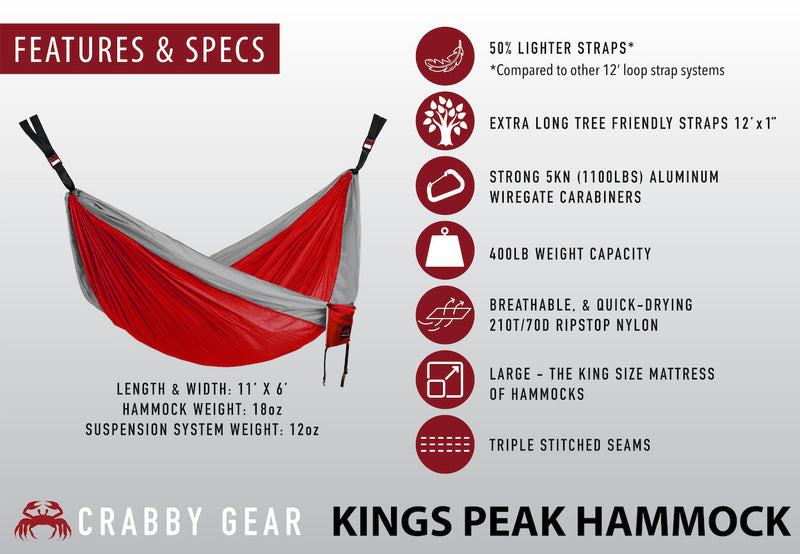Tree Hammocks Portable 11 Ft Crabby Gear Kings Peak Camping Hammock Ultimate Hang Lightweight Double Hammock with 30 Second Suspension System Nylon Straps 