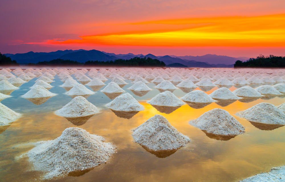Sea salt farm at sunset