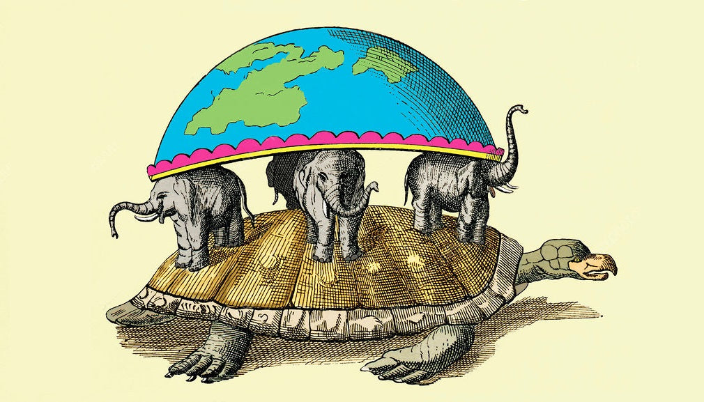 tortue et éléphant portant le monde