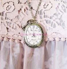 FREE SHIPPING Large Silver Plated Locket Necklace Alice in Wonderland Reverse Backwards Clock Watch Face ALICE5.18