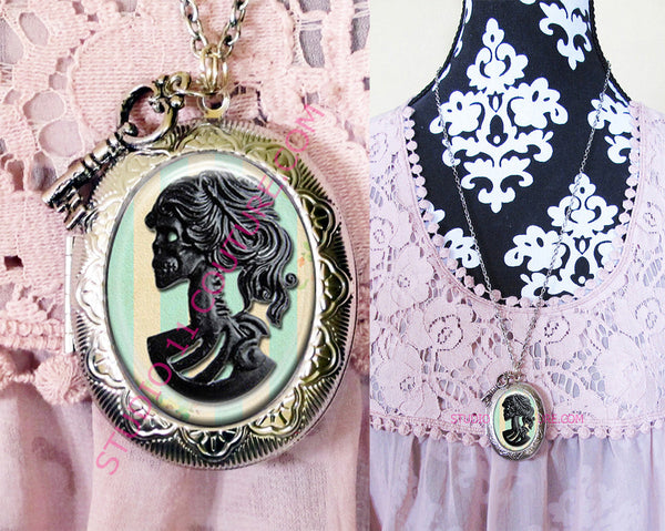 FREE SHIPPING Large Silver Plated Locket Necklace Black Skull Bling 1.3