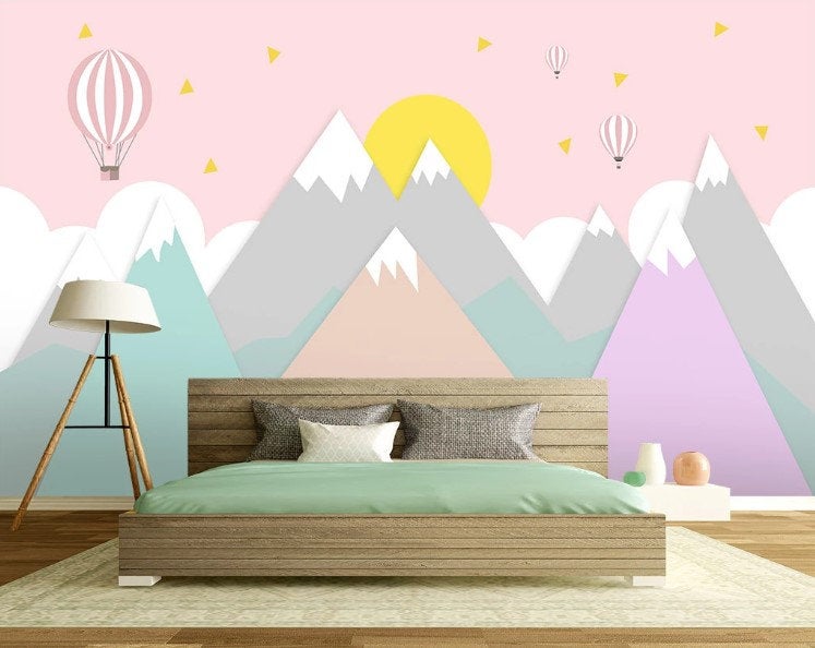 Sunrise Pink Sky Colorful Triangle Mountains Hot Air Balloons Wallpape –  wallpaew