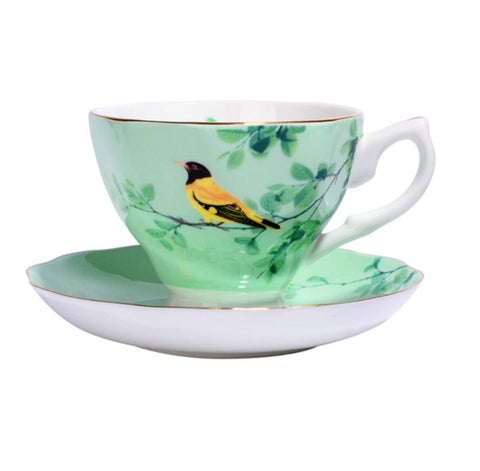 Tasse de thé Anglaise en porcelaine Oiseau Vert Foncé