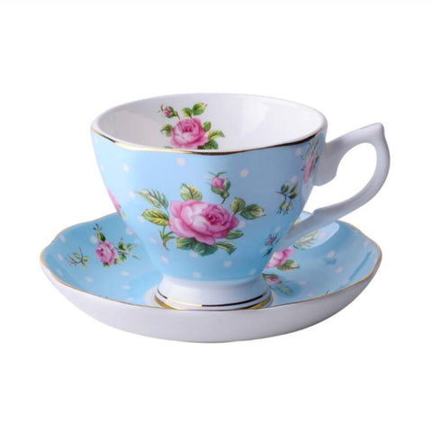 Tasse de thé Anglaise en porcelaine florale Bleu