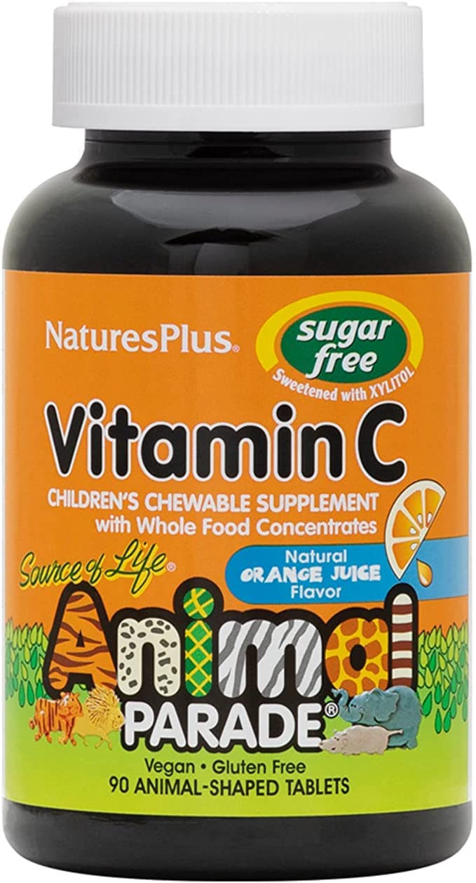 NaturesPlus Animal Parade Source of Life Sugar-Free Children's Vitamin C - Natural Orange Juice Flavor - 90 Chewable Animal Shaped Tablets - Immune Support, Whole Foods - Gluten-Free - 45 Servings