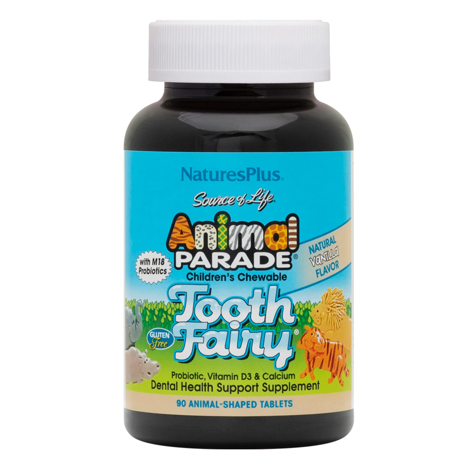 NaturesPlus Animal Parade Source of Life Tooth Fairy Children's Chewable - Natural Vanilla Flavor - 90 Animal Shaped Tablets - Dental Health Supplement - Vegetarian, Gluten-Free - 45 Servings