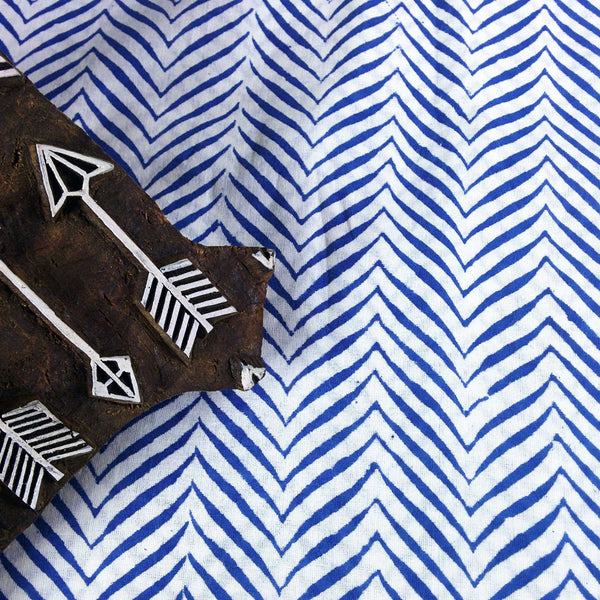 Blue and White Chevron Hand Block Printed Soft Cotton Fabric