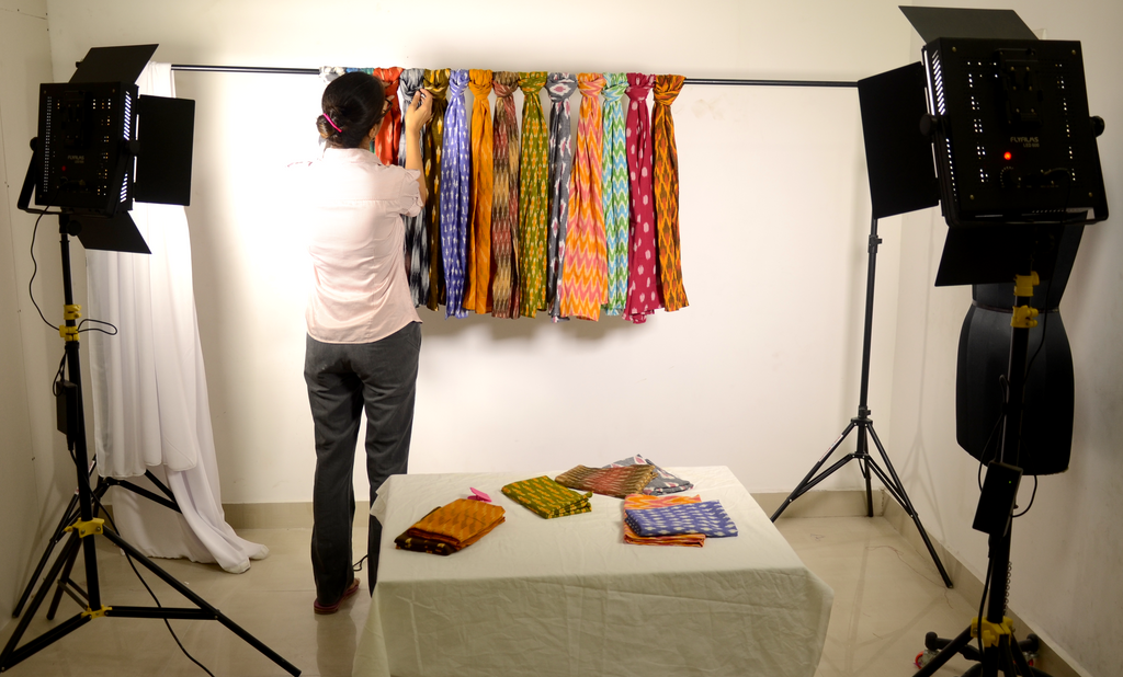 behind the scenes at DesiCrafts-product photoshoot for new ikat scarves