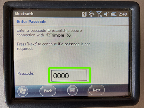 Trimble Bluetooth Passcode  "0000"