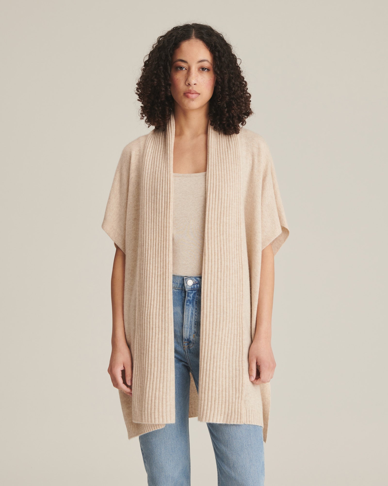 Soft by NAADAM 100% Cashmere Ribbed Collar Open Front Poncho –