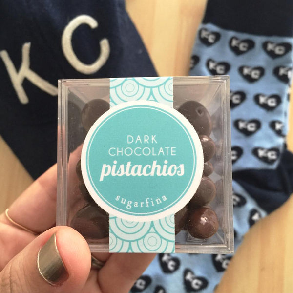 Sugarfina Dark Chocolate Pistachios | I Heart KC socks | Sock101 | Baldwin KC hat | Kansas City gift baskets 