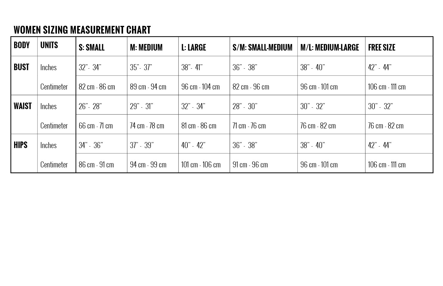 Free Size Measurement Chart