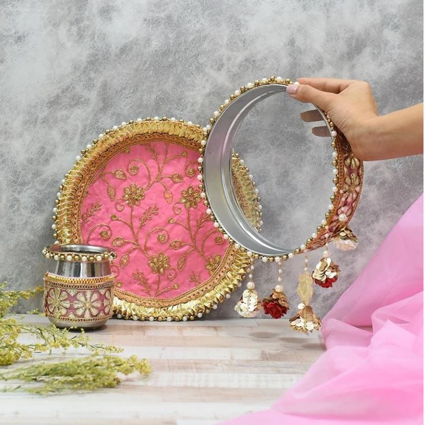 Pretty Rose Pink Karwa Chauth Thali Set