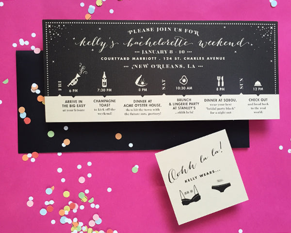 New Orleans Bachelorette Party Itinerary | Gold & Black Invitations
