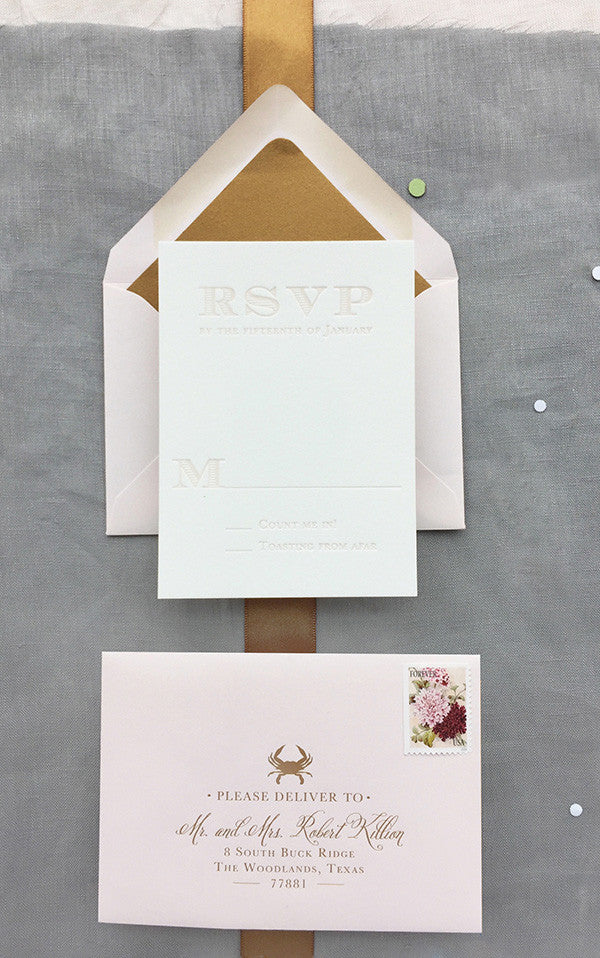 Blush Letterpress RSVP Card Gold Foil Crab RSVP Envelope