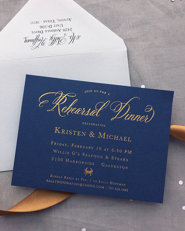 Gold Foil Navy Rehearsal Dinner Invitation Nautical Beach Wedding Destination