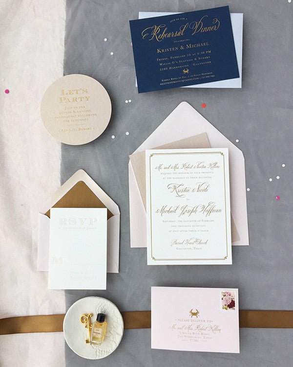 Blush, Gold & Rose Gold Wedding Invitation Suite Letterpress Foil Nautical