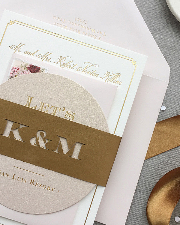 Laser-Cut Belly Band Blush and Rose Gold Foil Wedding invitation