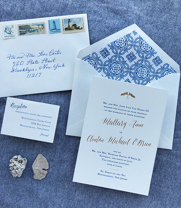 Blue and Gold Letterpress Wedding Invitations East Coast Beach Pattern Envelope Liner Vintage Stamps