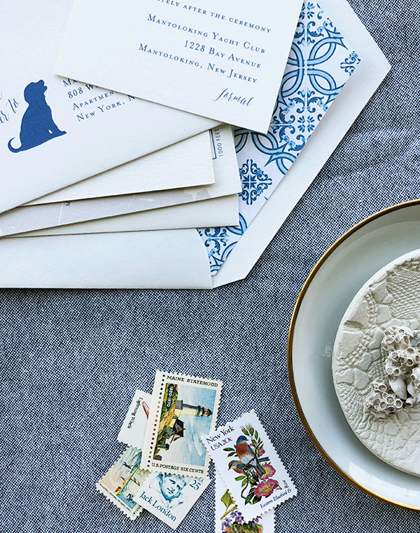 Blue and Gold Letterpress Wedding Invitations East Coast Beach Vintage Stamps Liner
