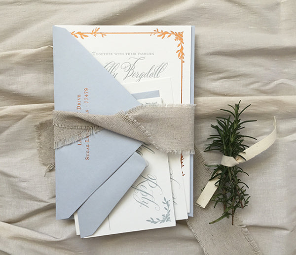 letterpress wedding invitation copper foil suite custom rustic texas
