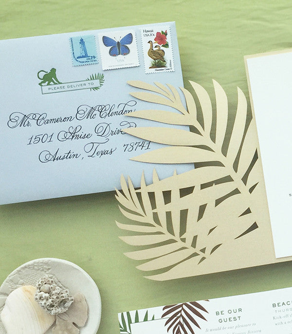 Letterpressed Envelope Monkey Calligraphy Laser-Cut Tropical Wedding Invitation