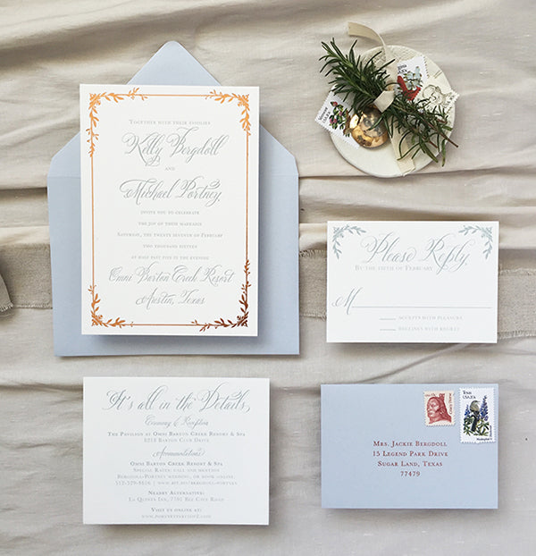 copper foil dusty blue letterpress rustic elegant wedding invitation austin