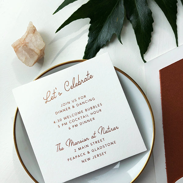 Copper Foil Letterpress Luxury Wedding Modern Reception Card Celebrate