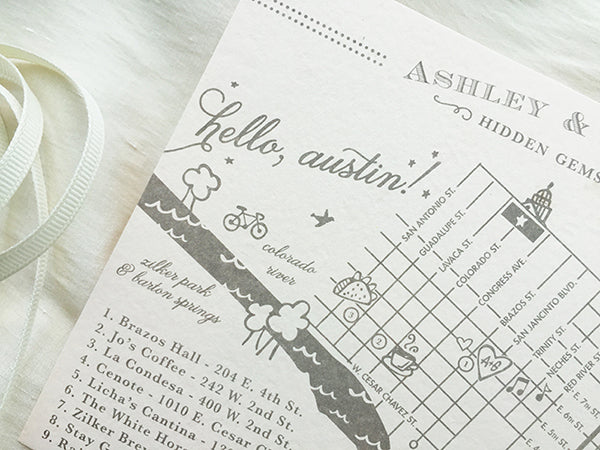 Austin, Texas Custom Wedding Map in Gray on Blush Paper
