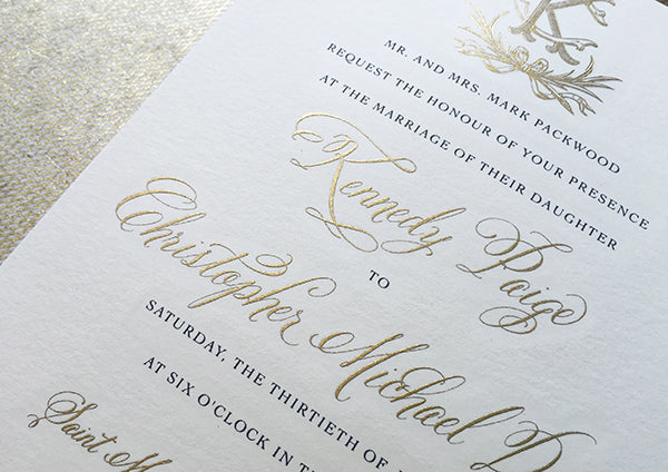 monogram gold and gray wedding invitation lettra