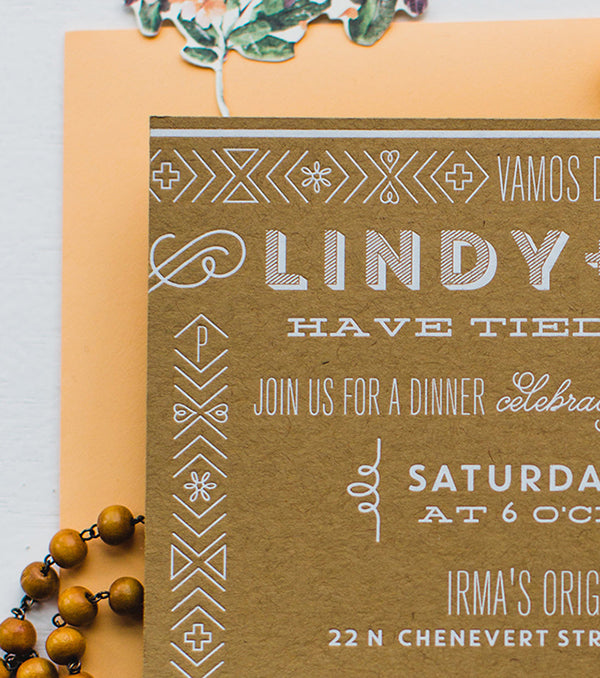 white foil stamp kraft paper fiesta invitation