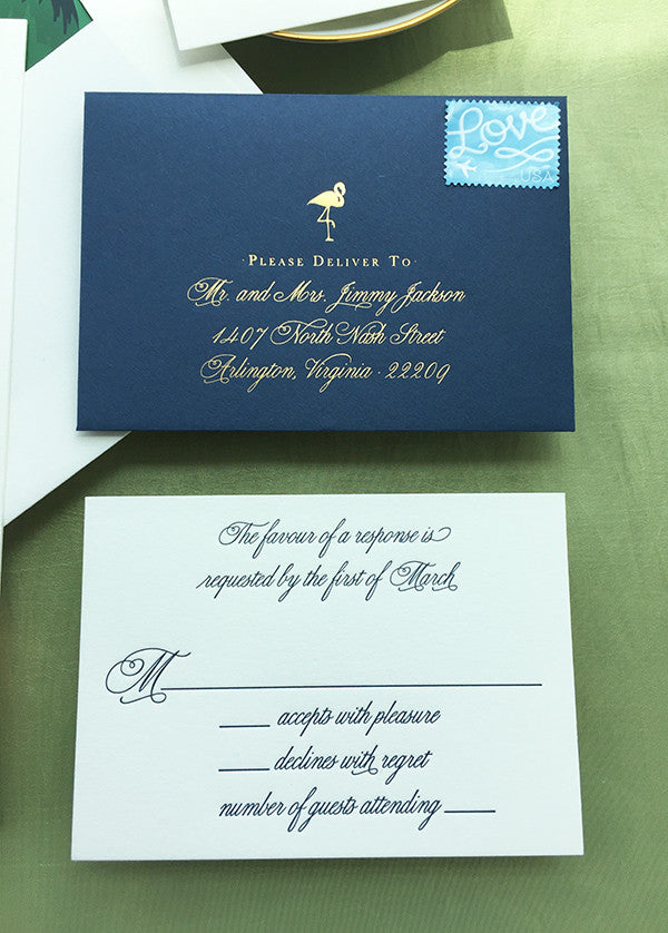 West Palm Beach Formal Wedding Invitation Foil Navy Letterpress Flamingo