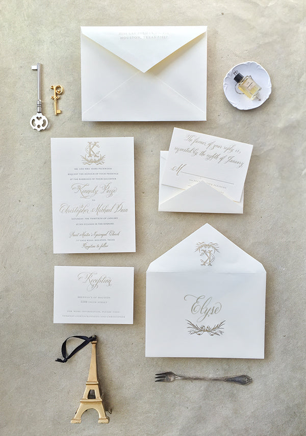 gold engraved wedding invitation suite  monogram classic calligraphy