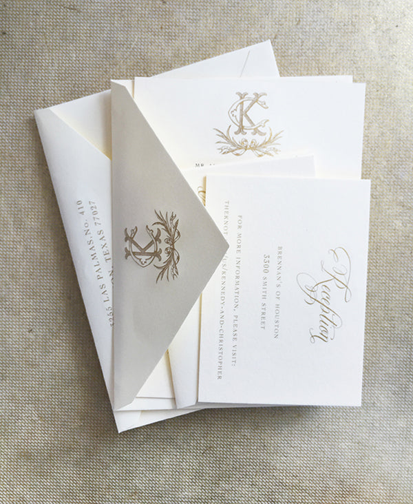 engraved wedding invitation suite monogram gold lettra