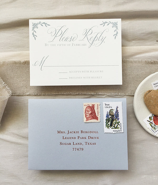 copper foil stamp wedding invitation rsvp response card calligraphy rustic 
