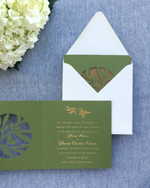 Laser-cut Olive and Gold Foil Square Wedding Invitation