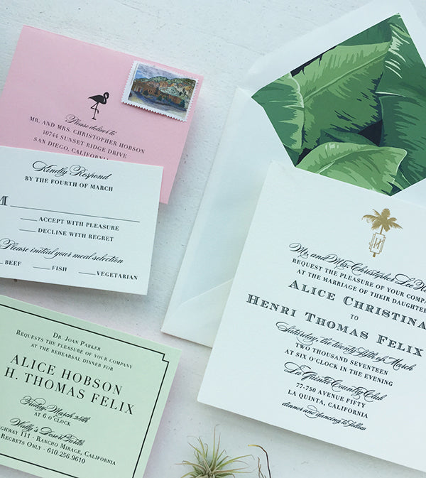 Green and Pink Palm Springs Wedding Invitation Gold Foil Monogram Black Letterpress Square