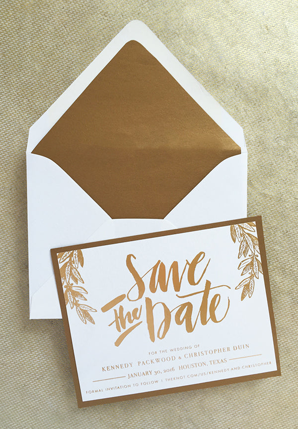 gold foil hand lettered calligraphy save the date classic modern formal