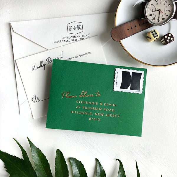 Green RSVP Card Copper Foil Modern Luxury Wedding Invitation 