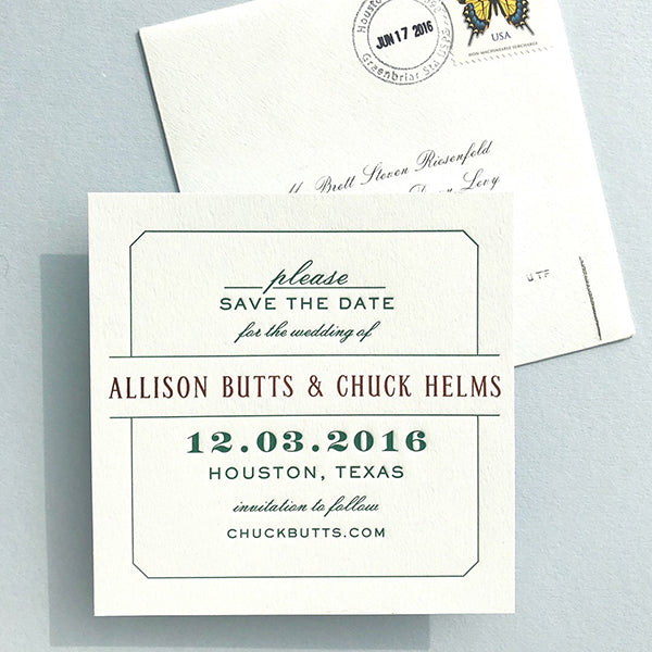 Forrest Green Copper Foil Letterpress Save the Date Square