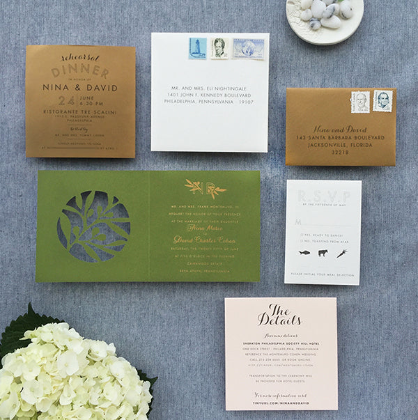Modern Square Invitation - Olive, Green, blush and Cream with Gold Foil and blade-cut details