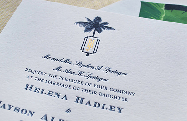 navy letterpress gold foil wedding invitation tropical formal