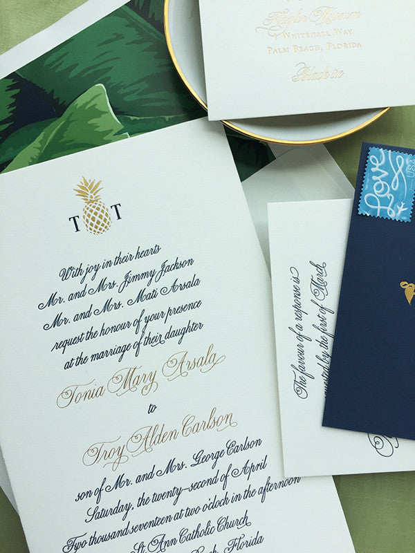 West Palm Beach Luxury Formal Wedding Invitation Gold Foil Navy
