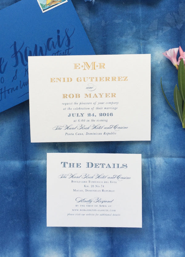 Punta Cana Gold Foil and Ocean Blue Wedding Invitation Monogram