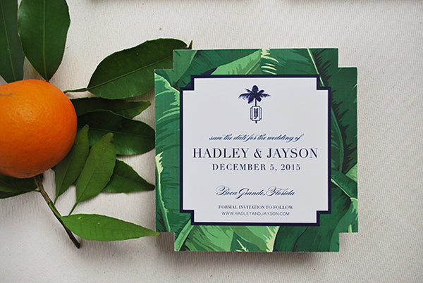 banana leaf print save the date tropical florida wedding