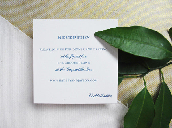 formal wedding reception card navy letterpress
