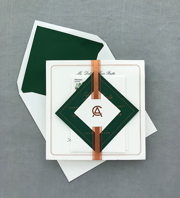 Mid-Century Modern Wedding Formal Copper Foil Green Letterpress