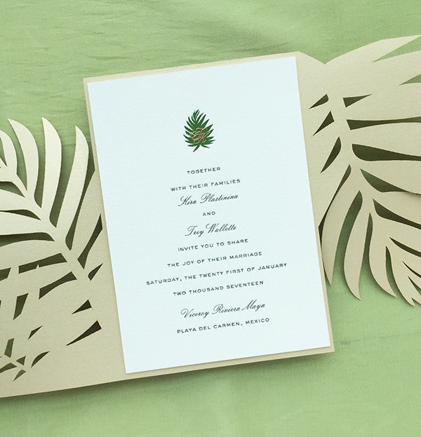 Lasercut Tropical Wedding Invitation Letterpress Rose Gold Foil