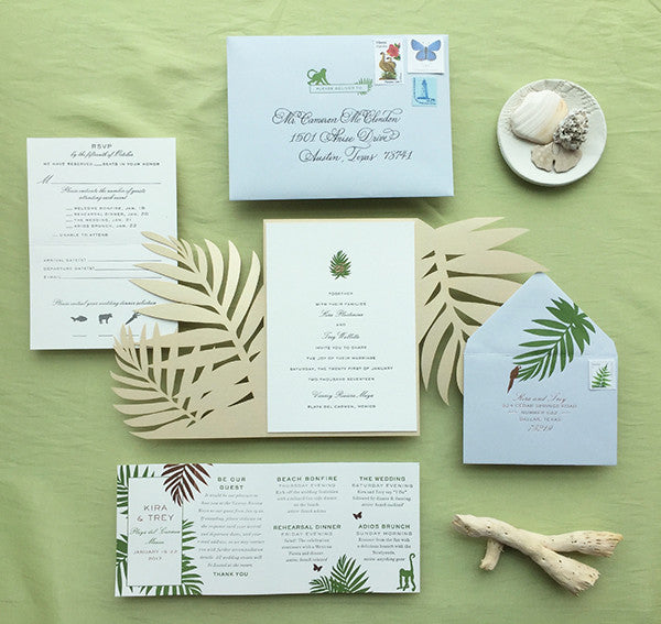 Tropical Letterpress Rose Gold Foil Olive Luxury Wedding Invitations