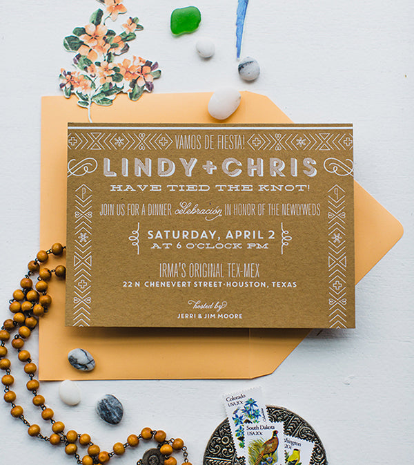 white foil kraft paper desert wedding invitation